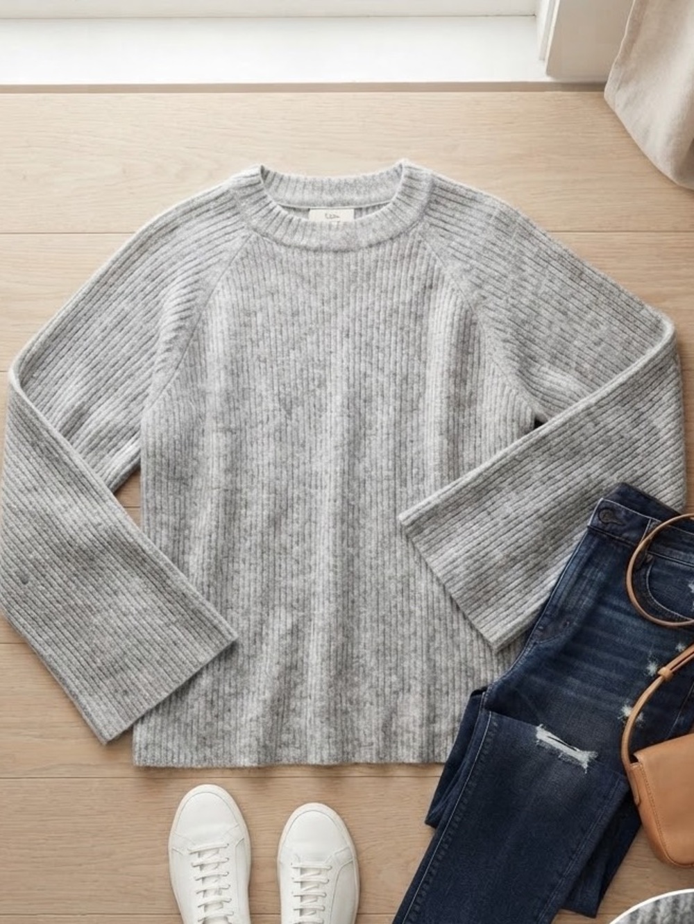 OAK + FORT Gray Ribbed Oversized Wool Blend Sweater M Crewneck Minimalist